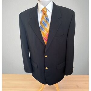 L.L. Bean Men Black Sport Coat Sz 46L Microfiber Suit Blazer Gold Buttons Jacket
